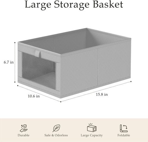 Criusia Linen Closet Organizers - 4 Pack Foldable Storage Baskets for Towels, Clothing & Books | Grey