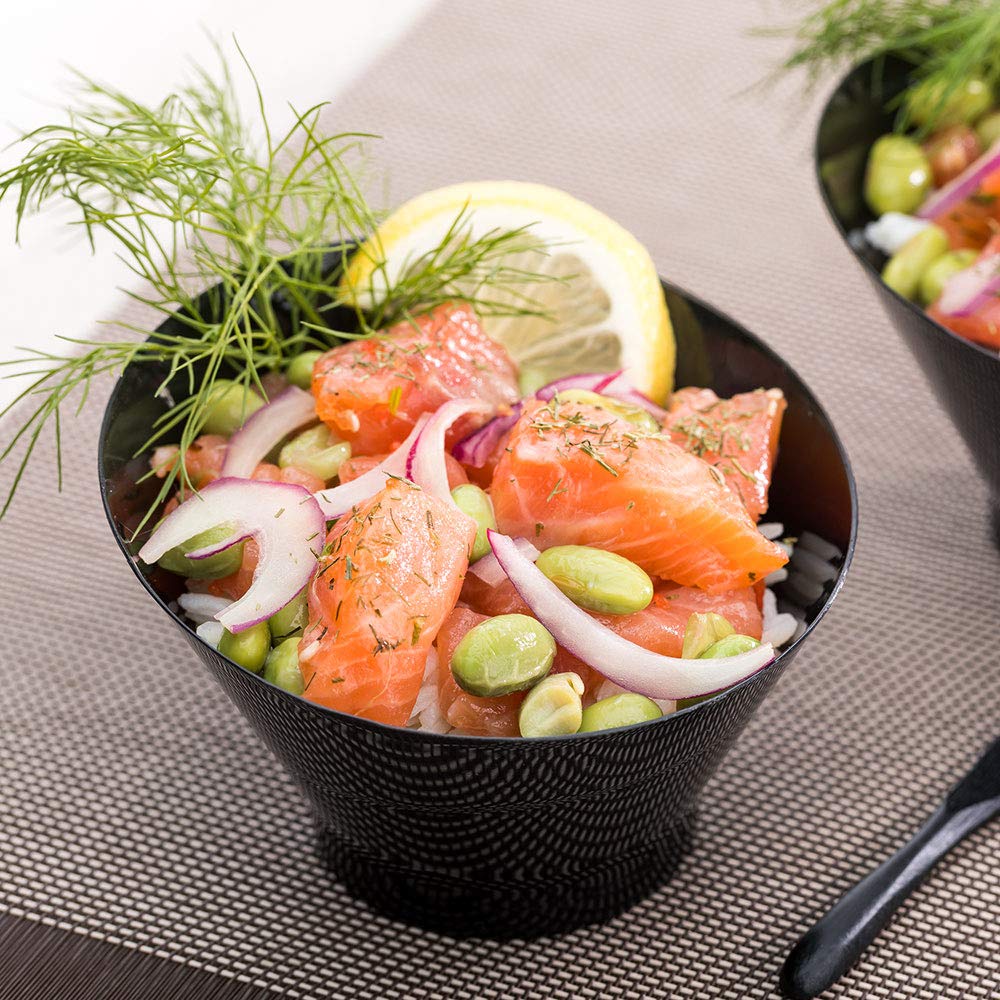 Restaurantware 7 Ounce Plastic Serving Bowls 100 Round Incline Bowls - Disposable Sturdy Black Plastic Round Bowls Unique Design For Soups Appetizers Or Desserts