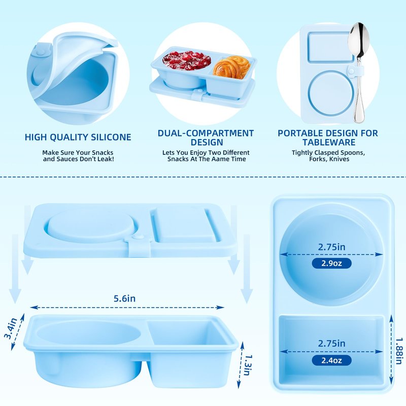 Tizuxa 3 Pack Silicone Reusable Snack Containers with Lids, Double Compartment Snackle Box Containers, Salad Dressing Sauce Seasoning Container, Small Mini Food Snack Boxs for Travel, Office, Picnic