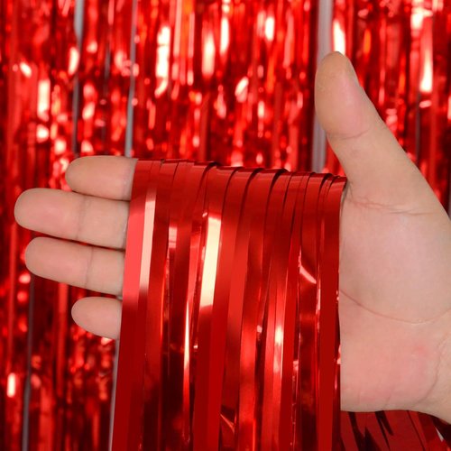 Melsan Red Tinsel Fringe Backdrop - 3.2 x 8 Ft Metallic Foil Curtains for Parties & Photo Booths | 2 Packs