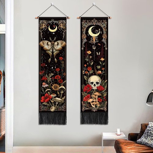 ARTCREATOR Gothic Wall Tapestries - Witchy Moth & Moon Design | Pack of 2, 12.8 x 51.2 Inches