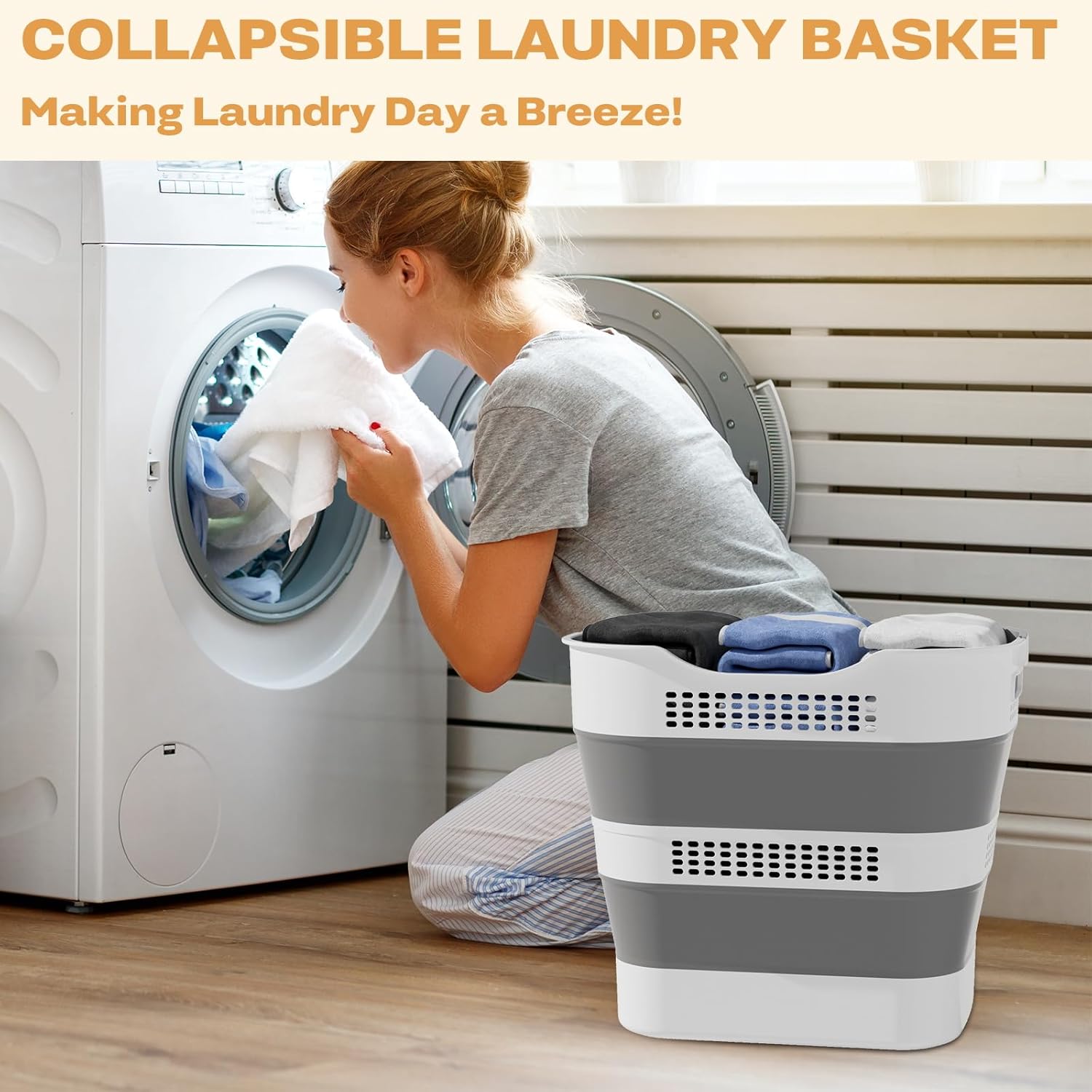 OOAMBB Collapsible Laundry Basket - 43L (11.5 Gallon) Foldable Storage Container with Handles - Grey