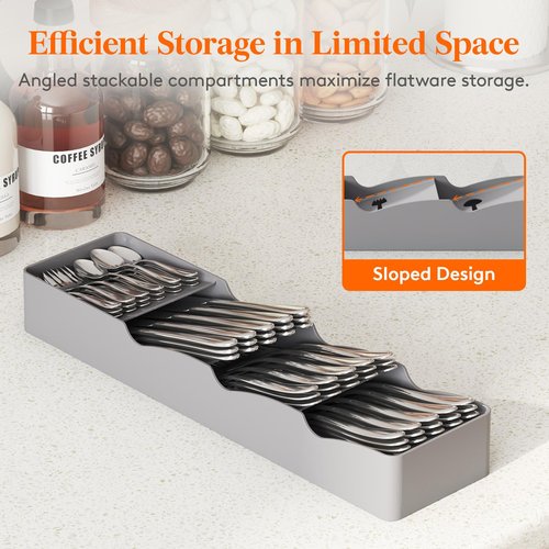 Lifewit Small Flatware Drawer Organizer, Compact Narrow Silverware Tray for Kitchen Drawers, Plastic Cutlery Holder for Spoons, Forks, Knives – Fits Small & Slim Kitchen Drawers, Gray