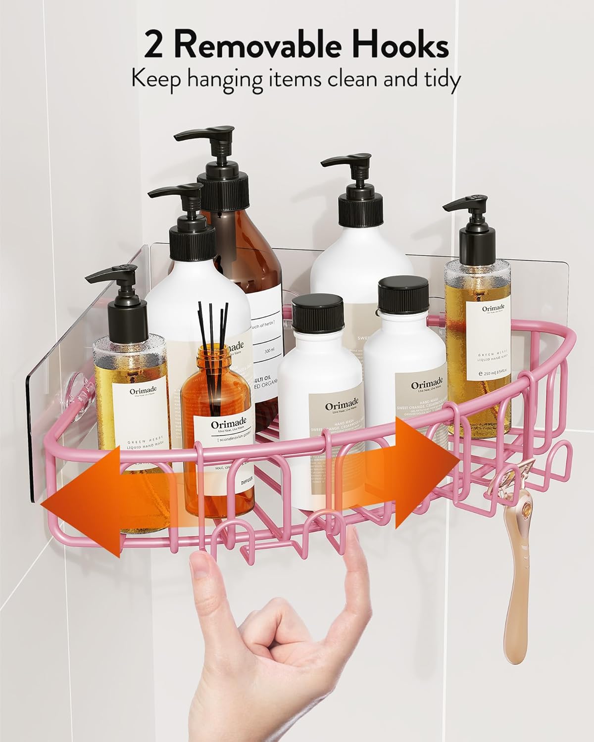Orimade Corner Shower Caddy - Wall-Mounted Metal Bathroom Organizer with 2 Hooks | Pink, No Drilling, 2-Pack