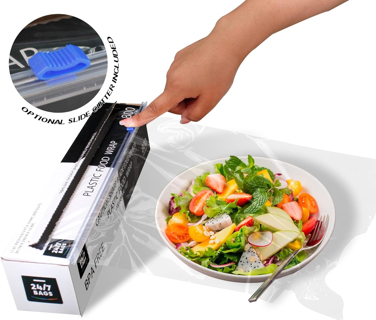 Plastic Food Wrap - BPA-Free, 800 SQ. FT. With Optional Slide Cutter | Extra Cling & No Mess
