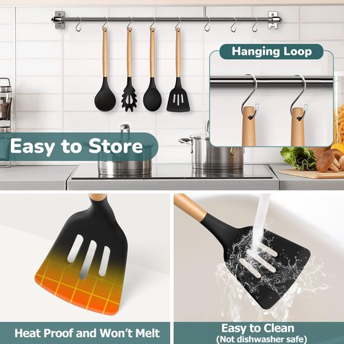 TeamFar Cooking Utensils Set of 7, Silicone Kitchen Utensils Set with Wooden Handles, Heatproof Kitchen Tools for Cooking Turning Serving, Non-stick Cookware Safe, Non-toxic & Non Scratch– Black