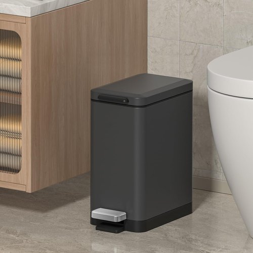Mbillion Slim Stainless Steel Bathroom Trash Can - 10 Liter Soft Close Step Pedal Wastebasket | Dark Grey