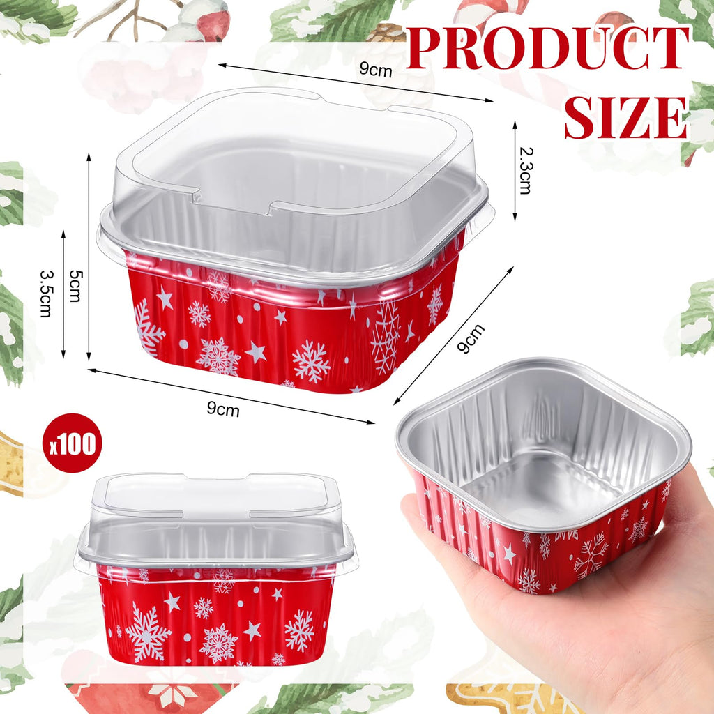 Suttmin 100 Pcs Christmas Aluminum Cups Foil Cupcake Container with Lids 5 oz Xmas Square Foil Pan Holder Mini Disposable Ramekins Cake for Xmas Party(Snowflake)