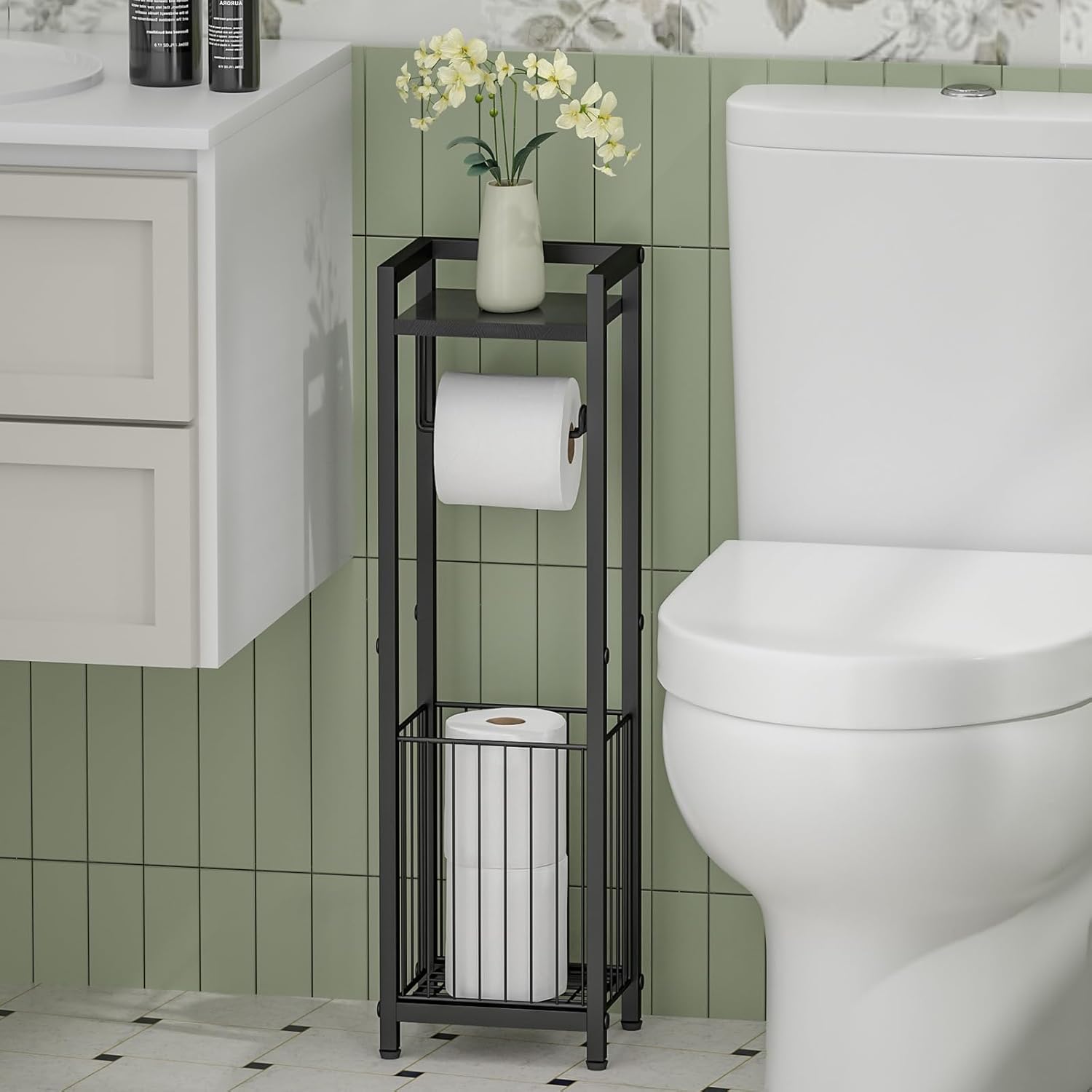 Skiennix Narrow Side Toilet Paper Holder - Freestanding Storage Rack for Small Spaces, Bathroom Tissue & More