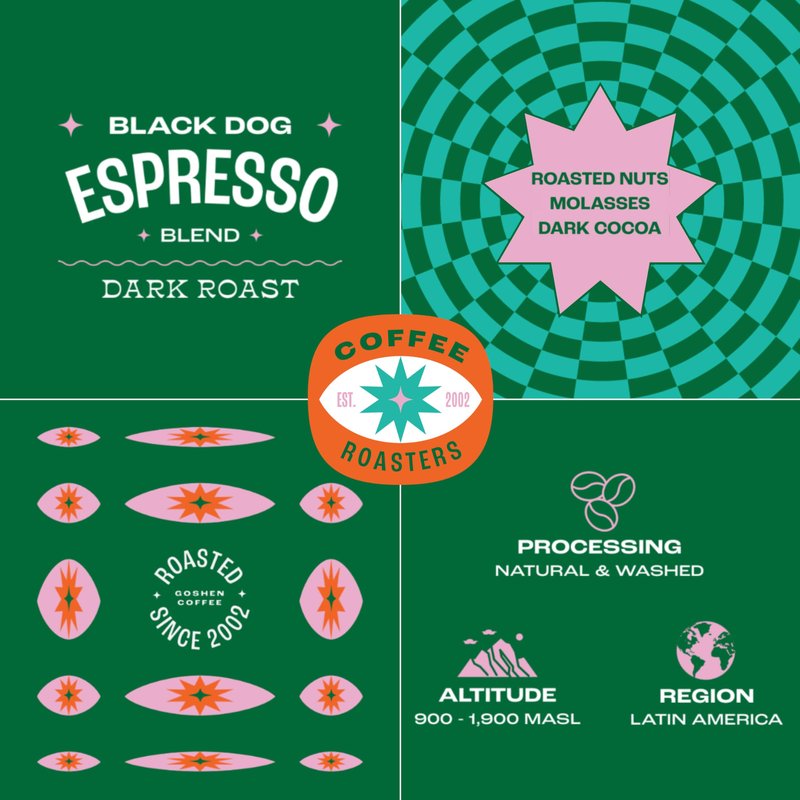 Goshen Coffee Roasters Whole Bean Black Dog Espresso Blend | Dark Roast, Espresso or Brewed | Award-Winning, Natural and Washed | Roasted Nuts, Molasses, Dark Cocoa Flavors | 12 Oz Bag