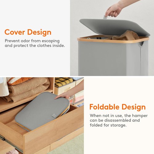 Lifewit 100L Laundry Basket - Foldable Hamper with Lid & Bamboo Handles | Silver Grey