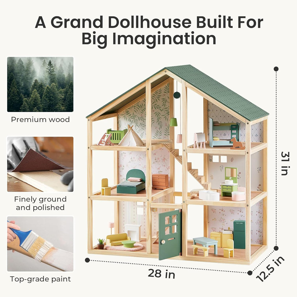 Tiny Land Wooden Dollhouse - 6 Rooms DIY Dollhouse with 31 Furniture Accessories | Creative Gift for Girls Ages 3+