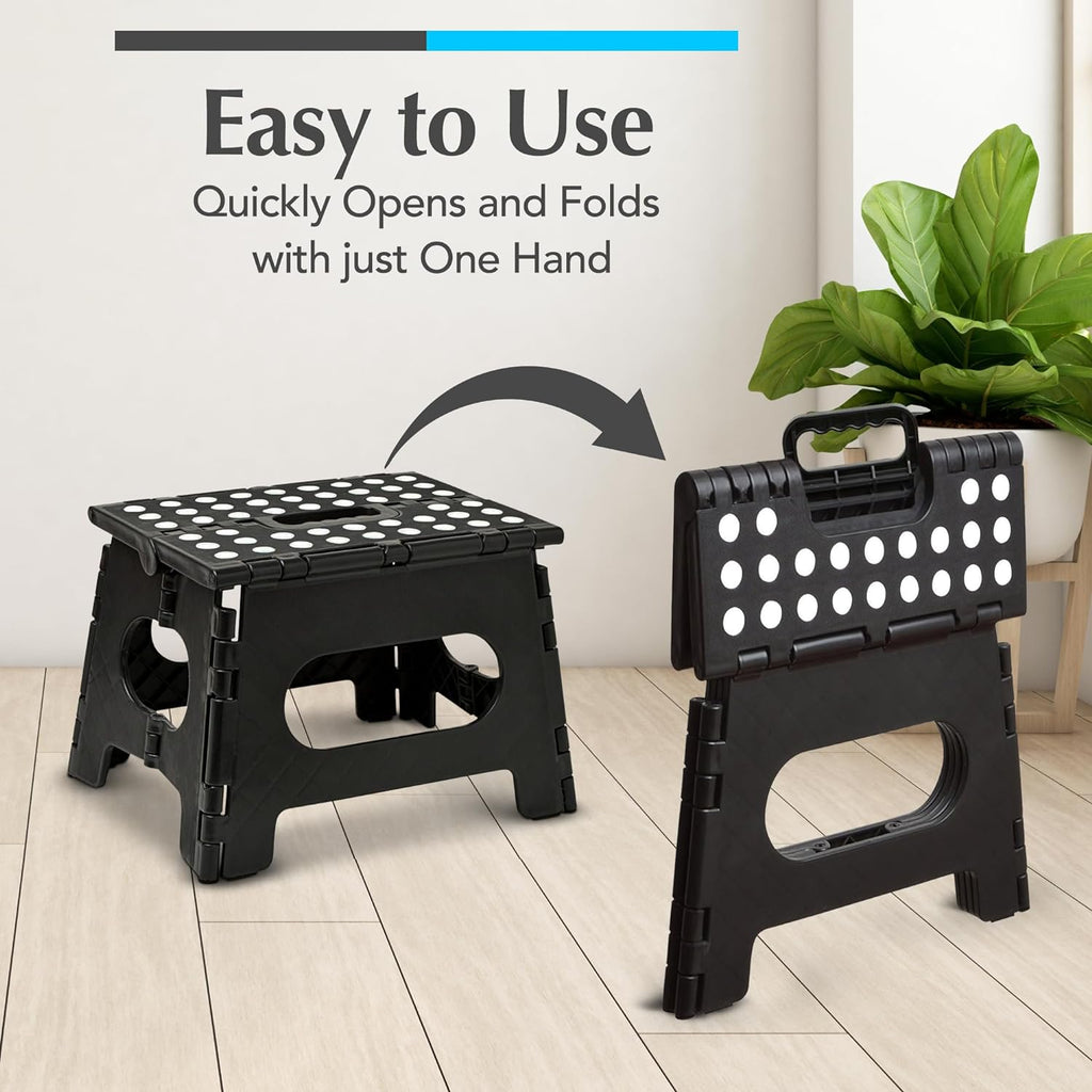 Skiennix Handy Laundry Folding Step Stool - Lightweight & Sturdy for Adults & Kids | Easy One-Flip Open - Black - 8 Inch