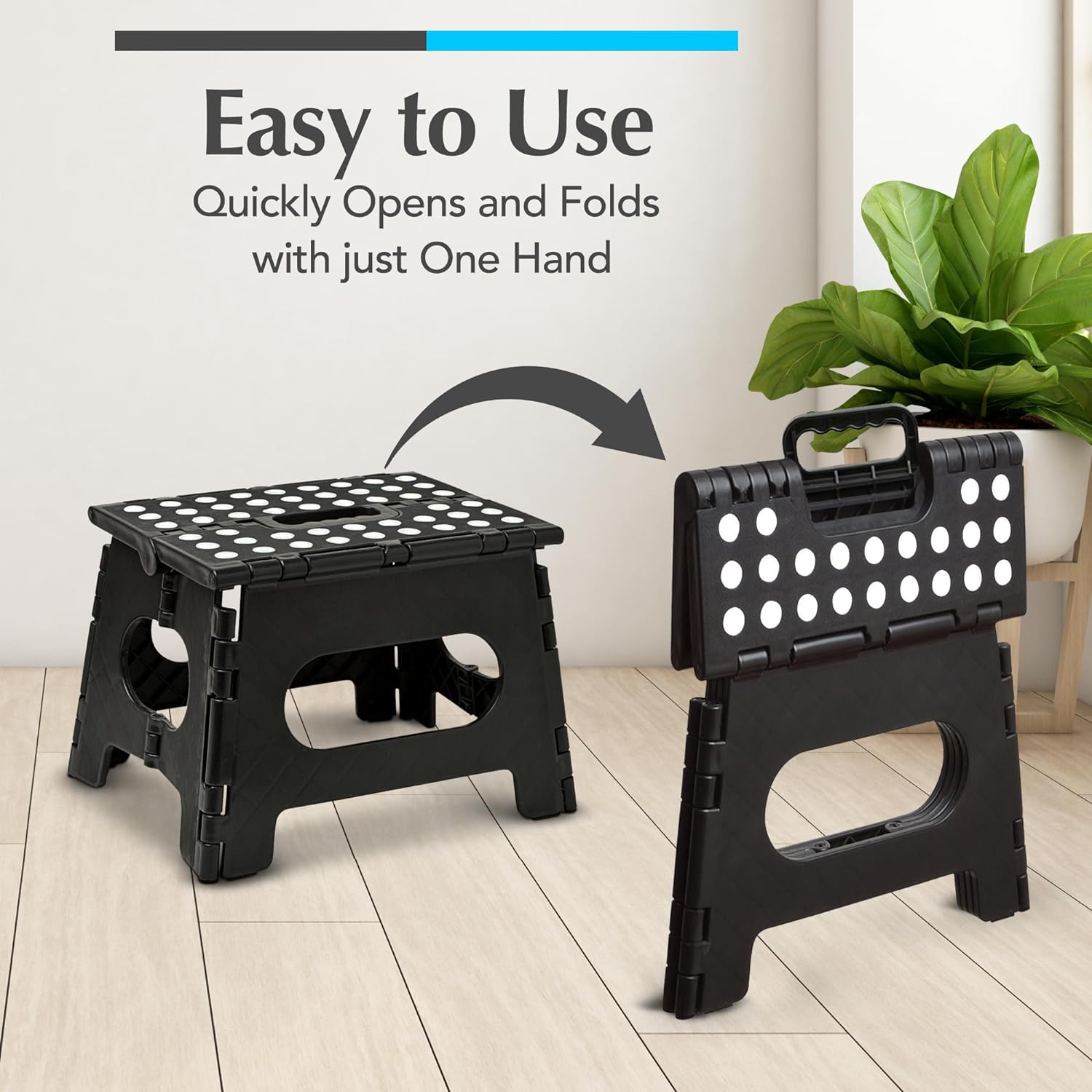 Skiennix Handy Laundry Folding Step Stool - Lightweight & Sturdy for Adults & Kids | Easy One-Flip Open - Black - 8 Inch