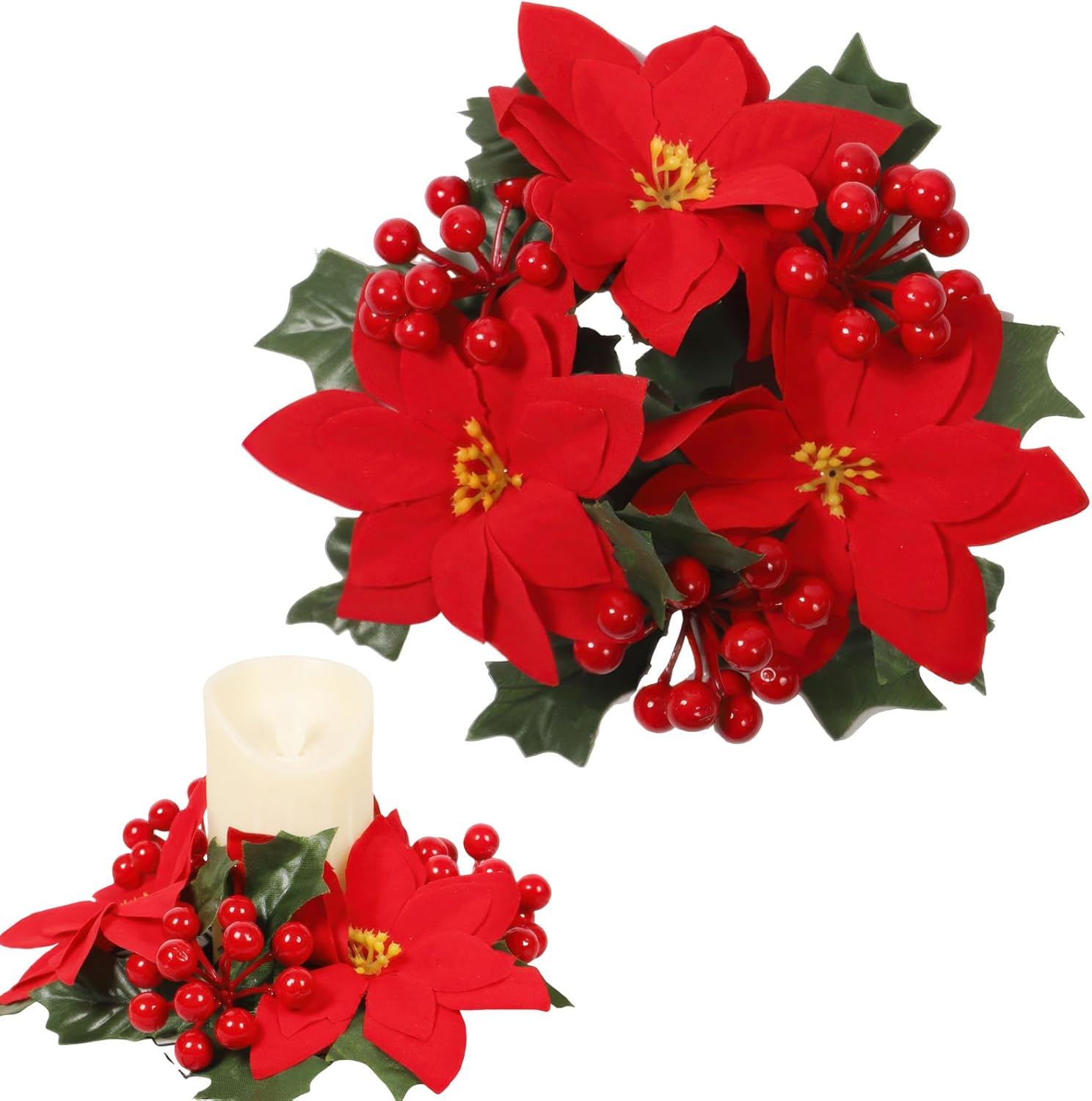 Regine Switzerland Christmas Candle Rings - Artificial Poinsettia & Red Berry Decor | Mini Table Centerpieces