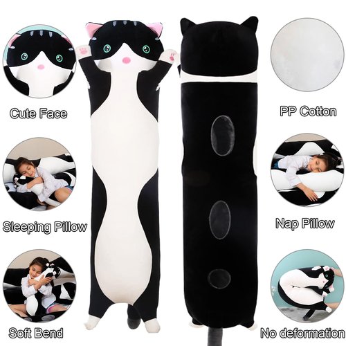 Giant Cat Pillow Plush Cartoon Kitty Sleeping Hugging Pillow, Cuddly Soft Long Kitten Body Pillow Doll Cat Cushion Toy for Kids Girlfriend (Black, 70cm/ 27.55inch)