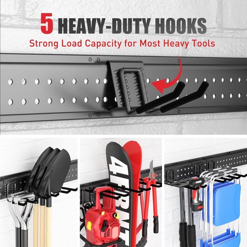 Garage Tool Organizer - Wall-Mount 64-Inch Rack with 13 Adjustable Hooks | Heavy-Duty Storage for Yard & Shed