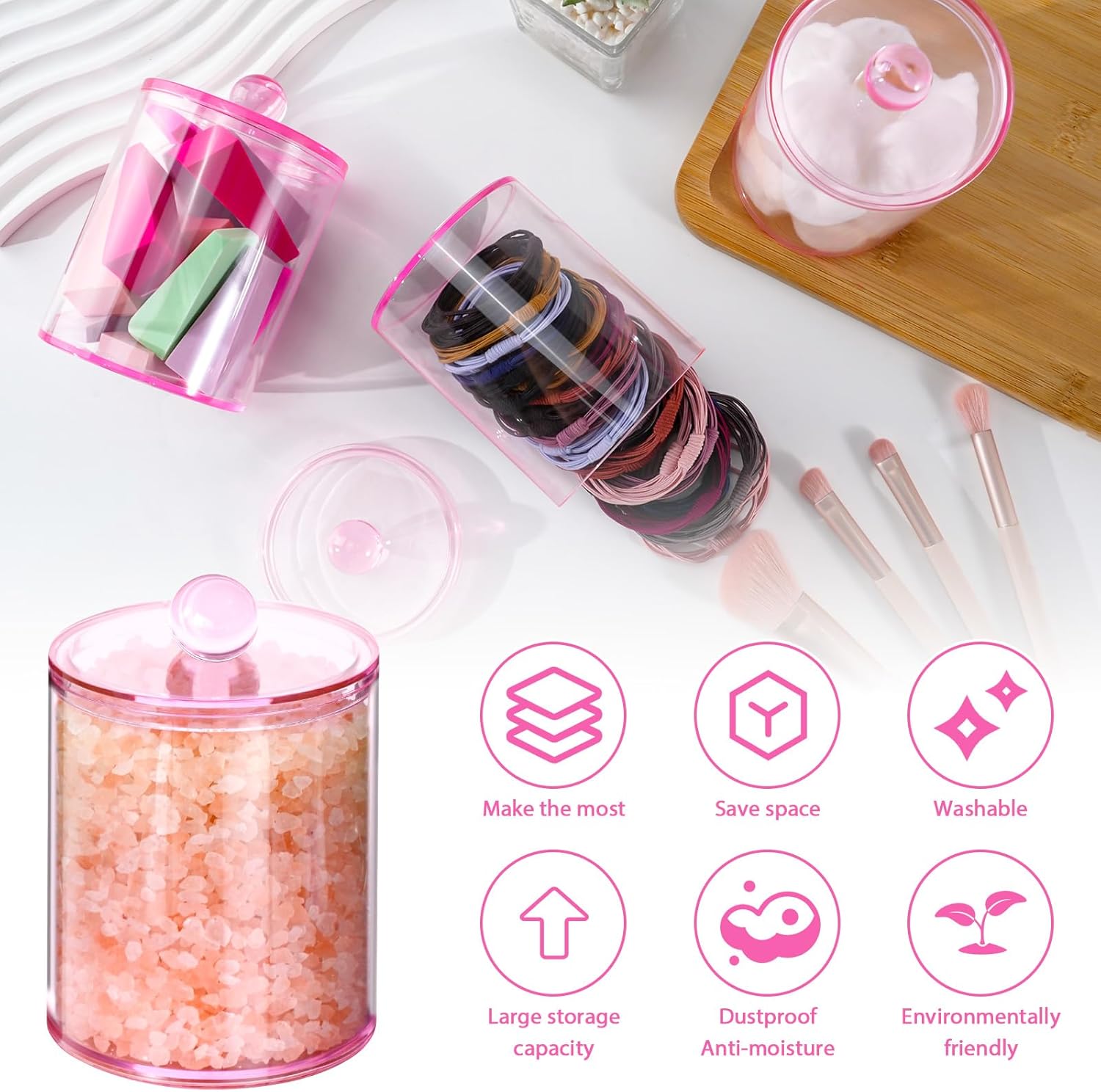XIPENGKEJI Qtip Holder Set - Stylish Apothecary Jars for Bathroom Organization | 10oz-12oz Pink Canisters