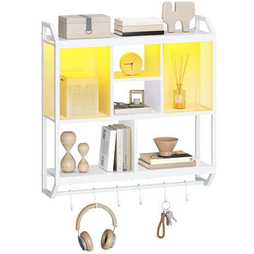 HOOBRO Gaming Floating Shelves with LED Lights, 28.7" LED Wall Mounted Shelf, 3-Tier Display Rack for Wall Storage, Floating Rack with Hanging Rod and 6 S-Hooks, for Gaming Room, White WT70DBJ01
