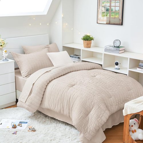 HYMOKEGE Twin XL Comforter Set - 5-Piece Seersucker Luxury Bedding Set for All Seasons | Beige