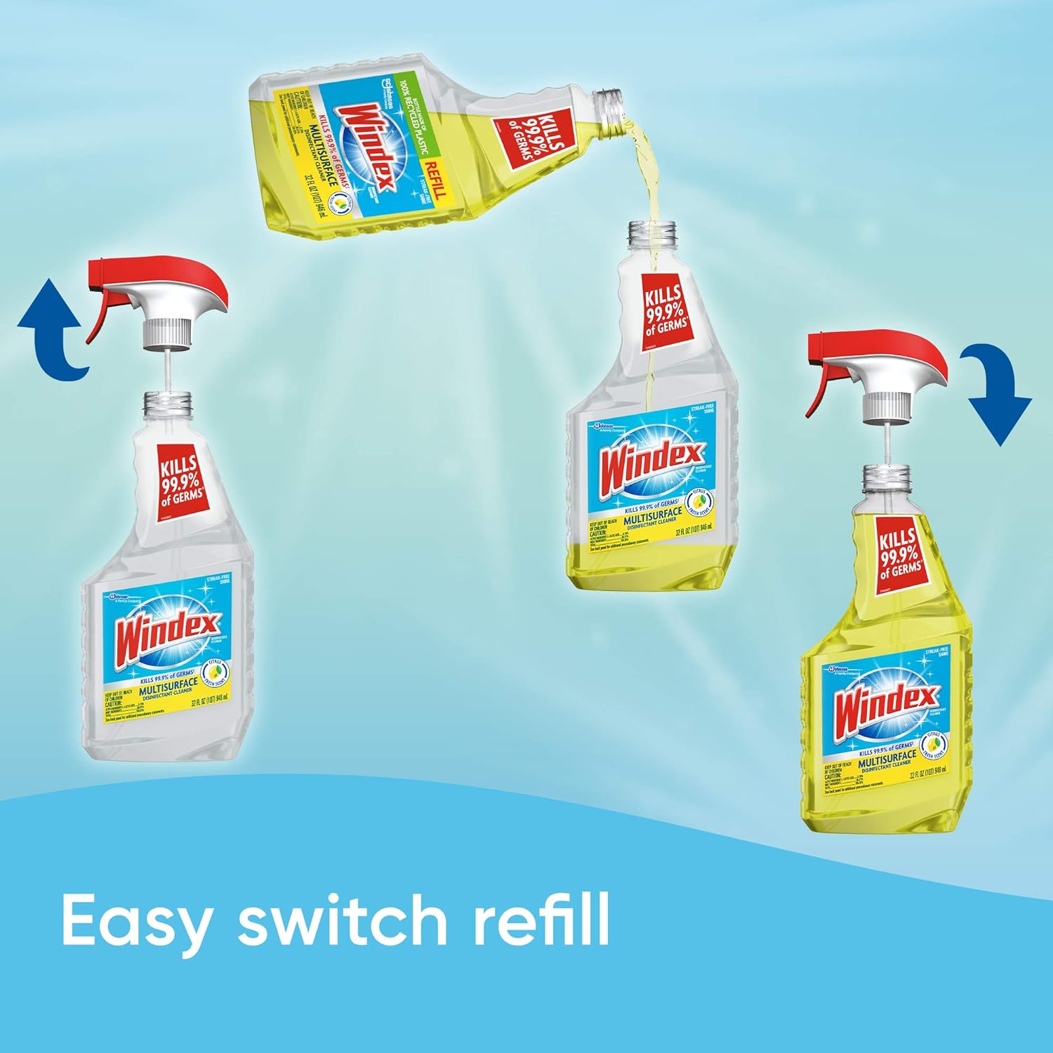 Windex Refill Multipurpose Disinfectant Cleaner - Citrus Fresh Scent, 32 Fl Oz | Eco-Friendly Bottle Made from 100% Recovered Coastal Plastic (Pack of 3)