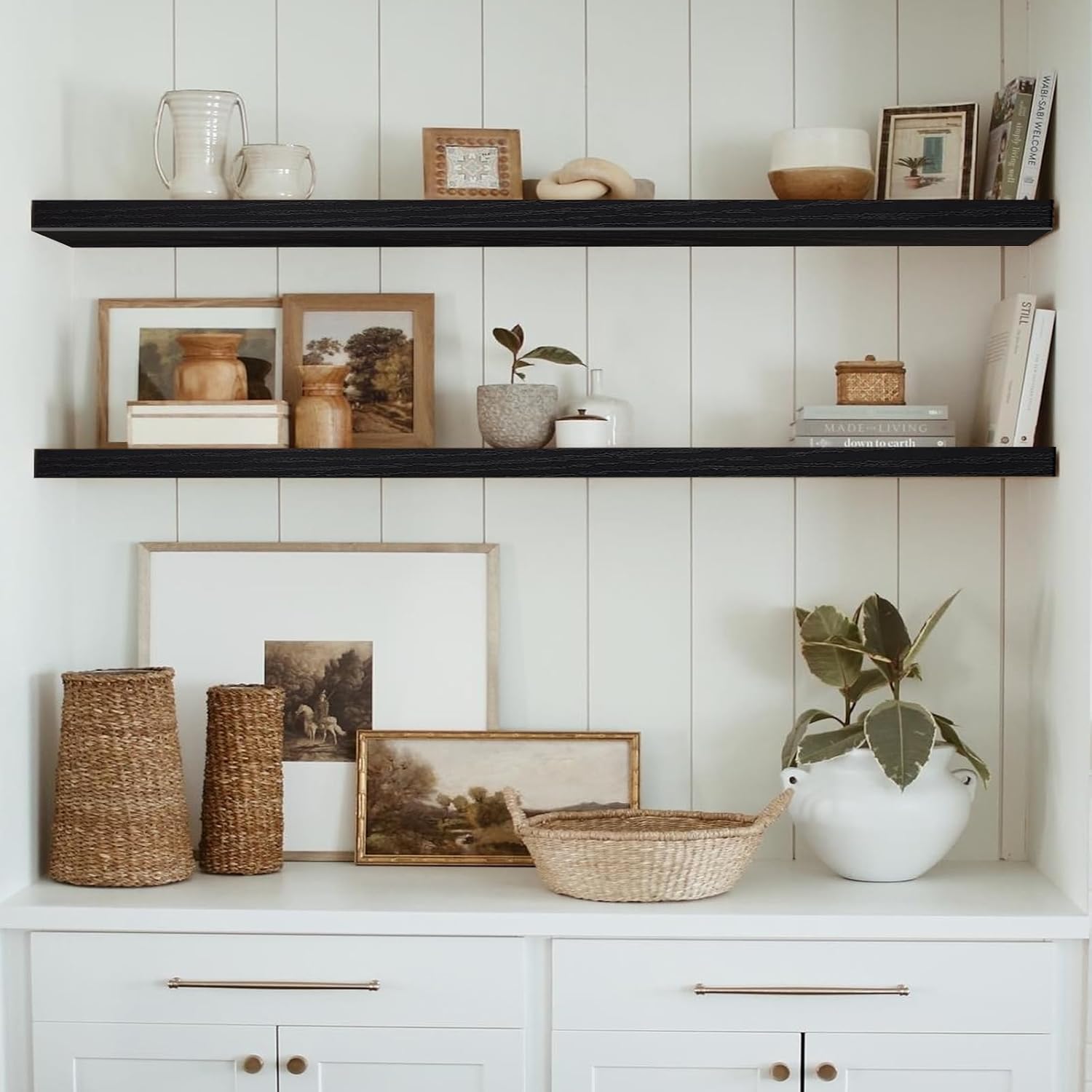 QEEIG Floating Wall Shelves - Extra Long 55.1" Set of 2 for Bathroom, Kitchen, Living Room | Black Home Decor