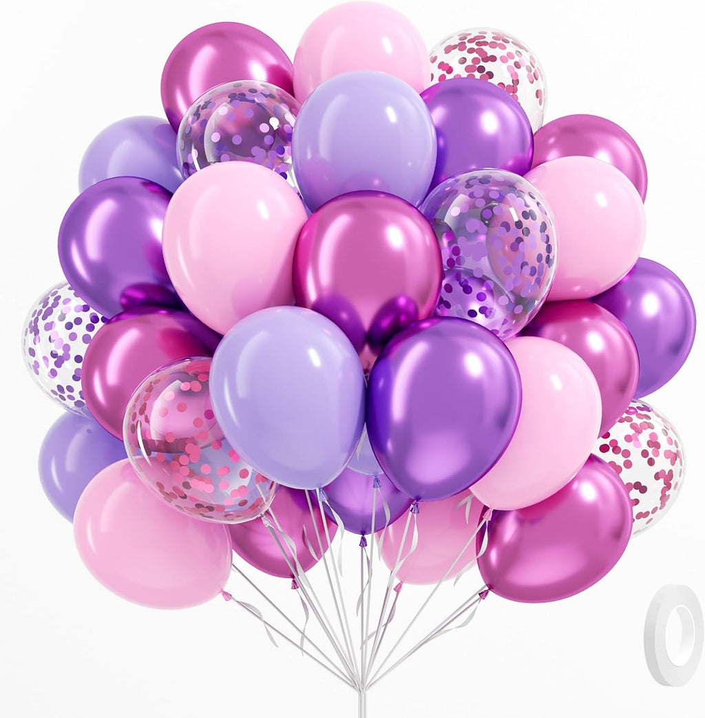 Skiennix 61-Piece Pink & Purple Balloon Set - 12-Inch Confetti & Metallic Balloons for Bridal, Baby Shower, and Birthday Celebrations