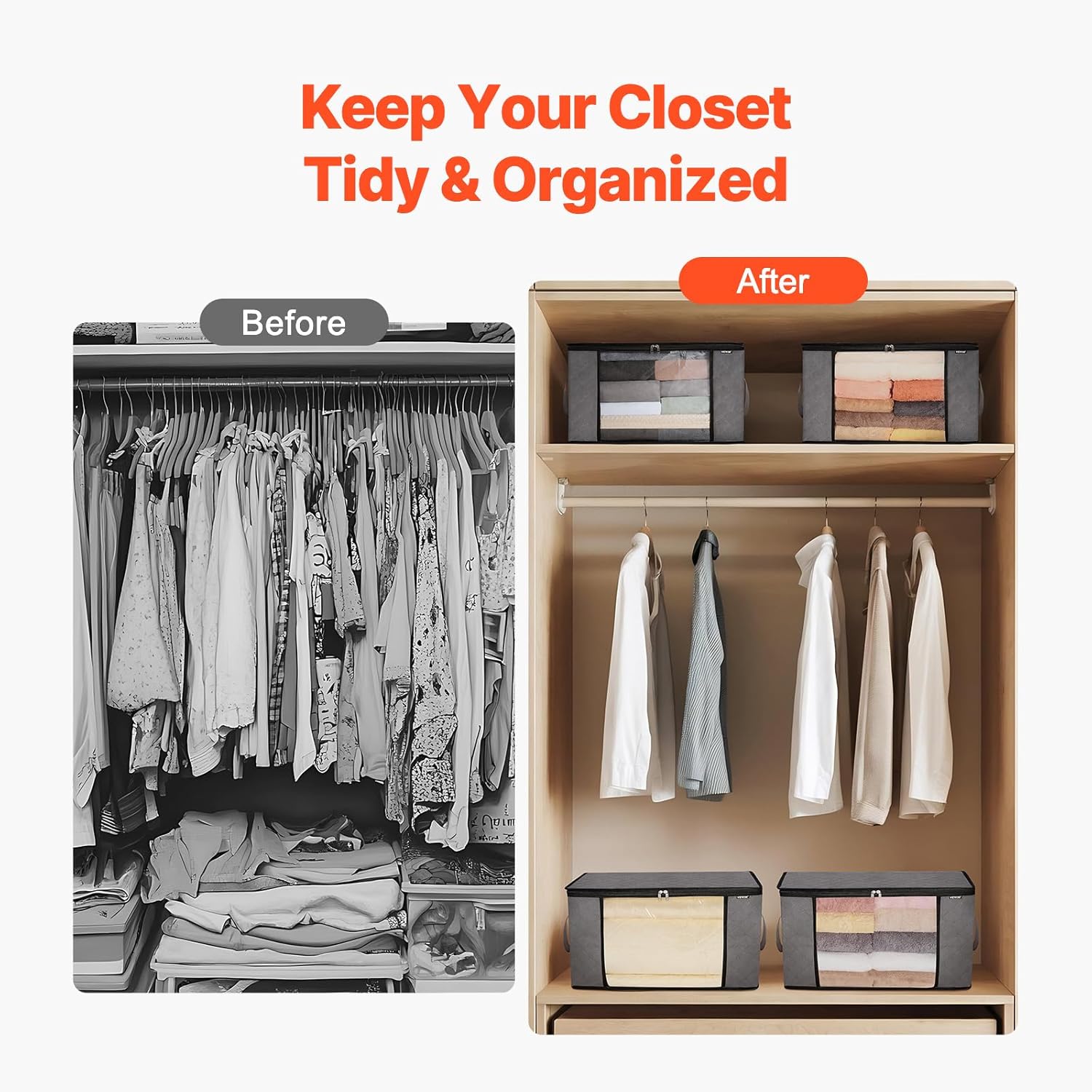 VEVOR 60L Large Storage Bags - 6 Pack Foldable Closet Organizers with Handles | Grey Non-Woven Fabric