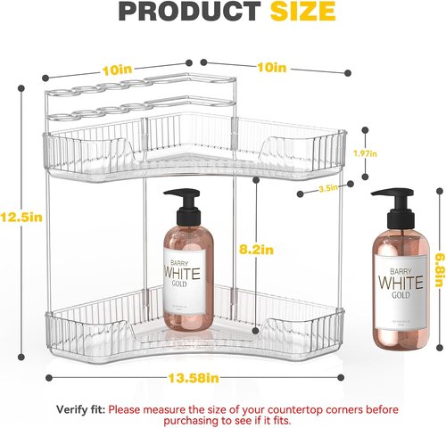 Asayuee 2-Tier Corner Bathroom Organizer - Large Makeup & Skincare Holder with Toothbrush Slots | Clear
