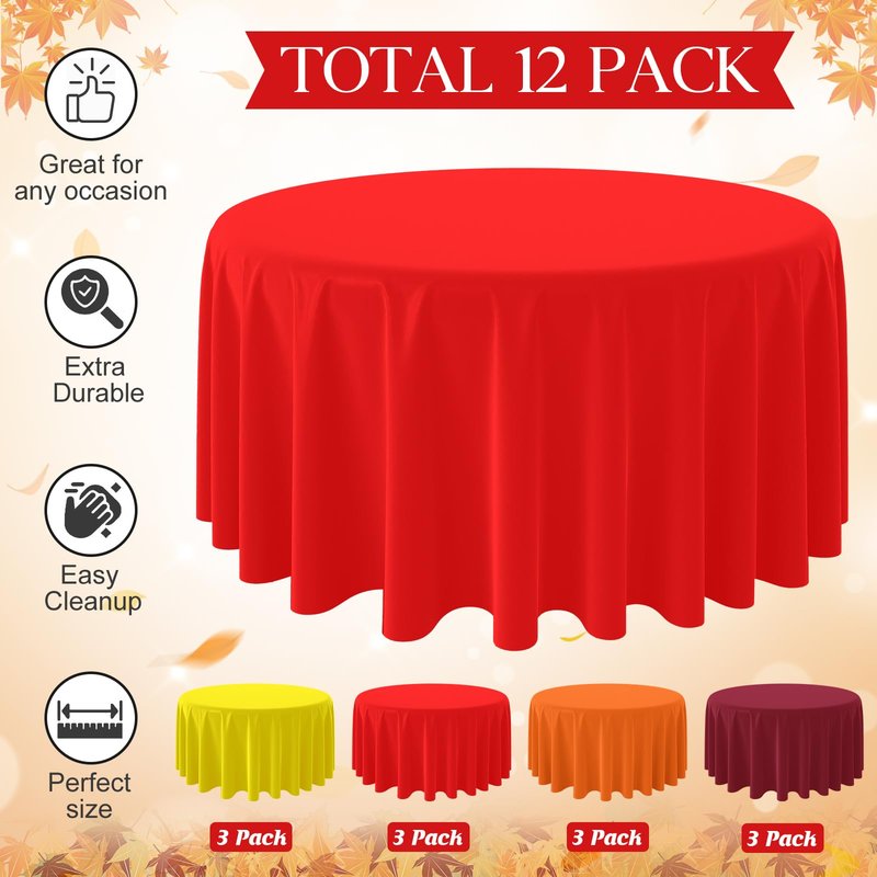 MASHAN 12Pcs 84 Inch Fall Disposable Tablecloth,Thanksgiving Plastic Tablecloths,Orange Brown Red Yellow Round Table Cover for Autumn Harvest Holiday Birthday Party Decoration