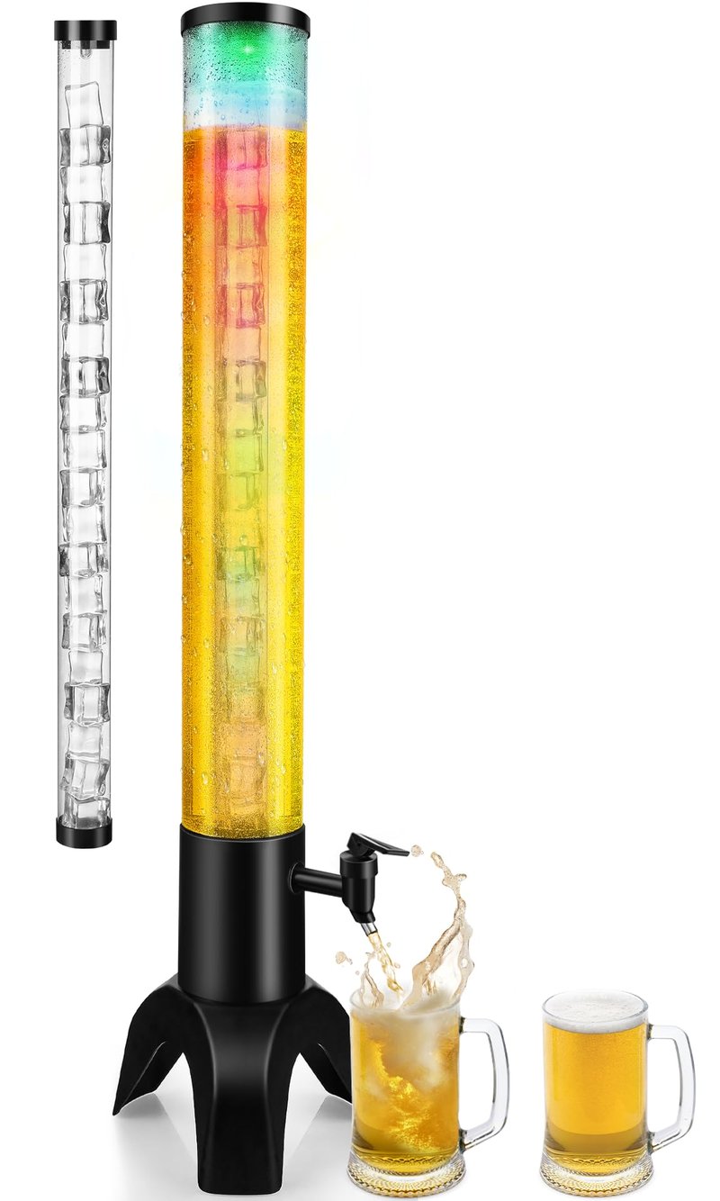 COSYOO Drink Tower, 3L Drink Tower Dispenser With Ice Tube and Led Light, Tabletop Beer Dispenser 3.17 Qt./3 L, Ideal for Parties Bars Pubs Restaurants