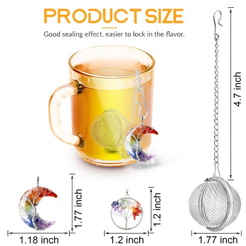 TeaSanavie 7 Chakra Healing Crystal Tea Infuser Set - Reiki Quartz Gemstone Wire Wrapped Crescent Moon & Tree of Life Pendants, Stainless Steel Loose Leaf Tea Steeper