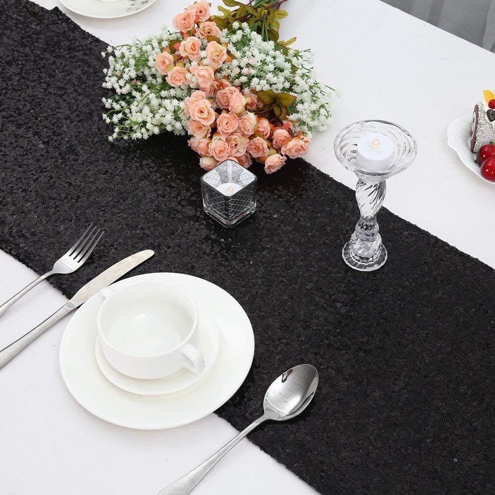 Sequin Table Runners 5 Pieces Black Table Runners 12x72 Inch Glitter Dining Table Cover for Party Wedding Birthday Reception Banquet Decoration Spring Party Chair Sashes