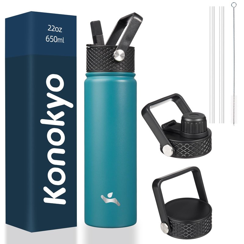 Konokyo 22oz Stainless Steel Bottles with 3 Lids Sport Insulated Water Bottle,Light Blue