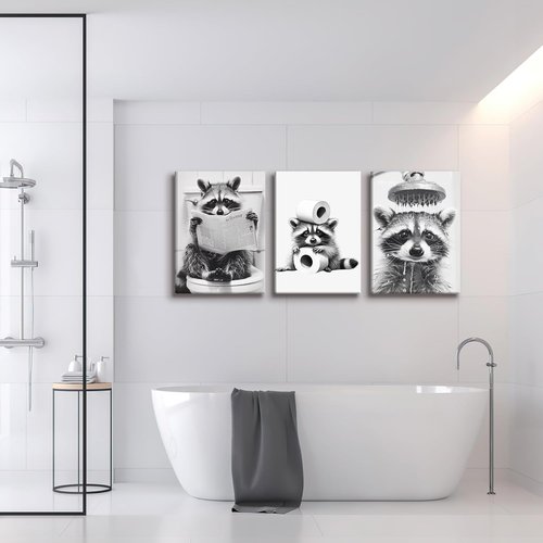 DCMVJHZV Funny Bathroom Wall Art - Cute Raccoon Canvas Decor | Black & White Farmhouse Prints (12"x16", Set of 3)
