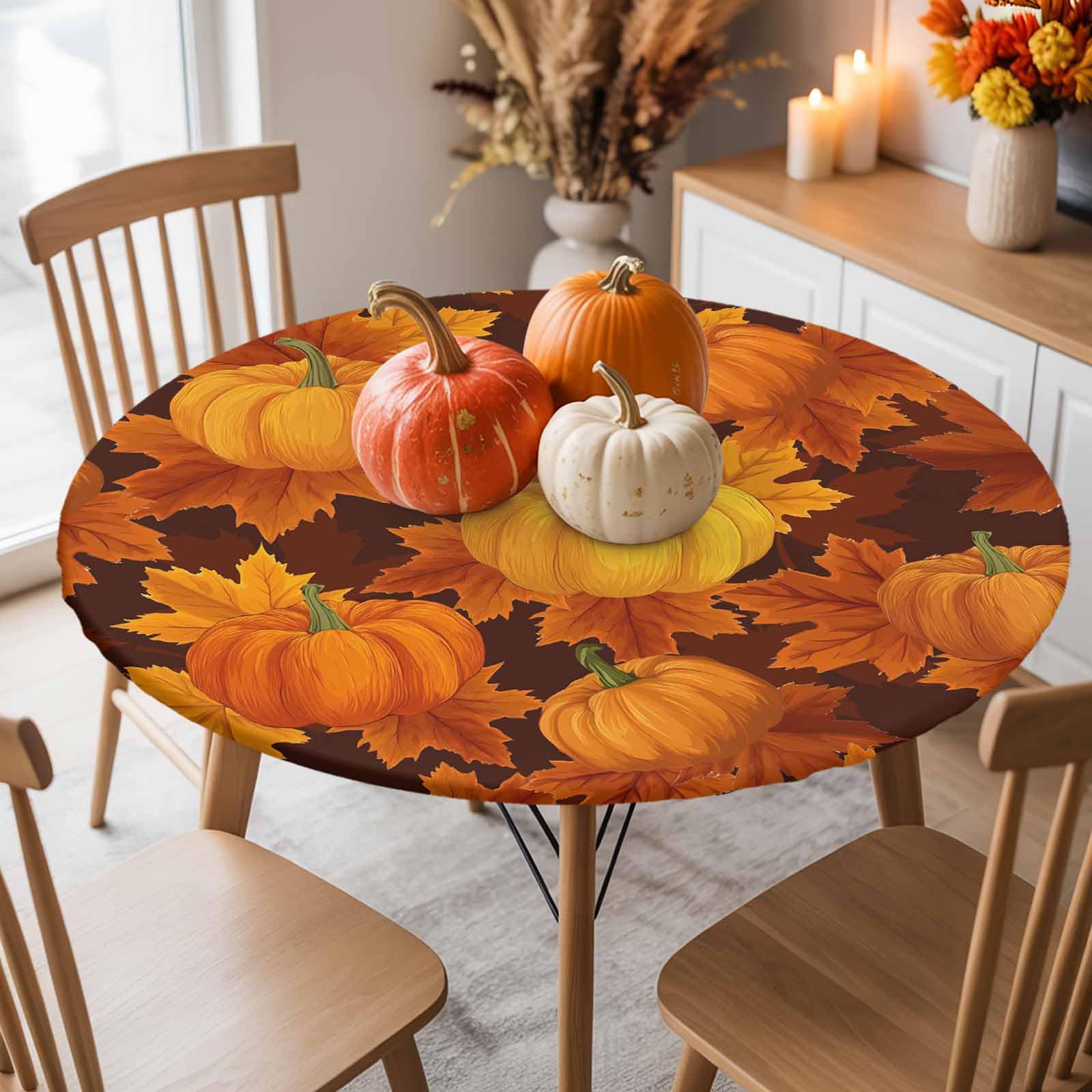 Thanksgiving Pumpkin Maple Leaves Round Table Cloth Fitted Tablecloth,Fall Table Cover with Elastic Edge Waterproof Table Cloth,Autumn Harvest Circle Table Covers for Kitchen Indoor Outdoor 45-54in