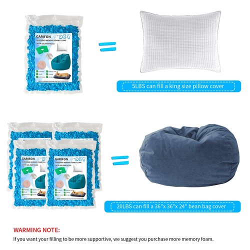 Garifon 20lbs Bean Bag Filler, Pillow Filler Stuffing, Bean Bag Filling, Shredded Memory Foam Filling, Punching Bag Filler, Foam Refill for Pouf/Ottoman Stuffing/Boxing Bag, Added Gel Particles