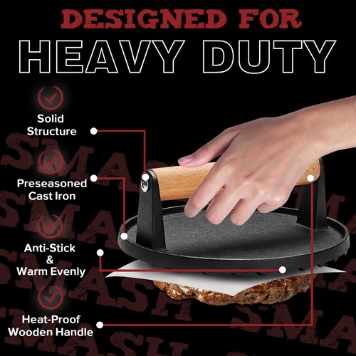 Grilliance 5pcs Smash Burger Press Kit, 3 in 1 Hamburger Press Patty Maker, Cast Iron Burger Press Round & Rectangle, 100pcs Wax Paper for Grill, Griddle, Flat top, Kitchen, Cooking