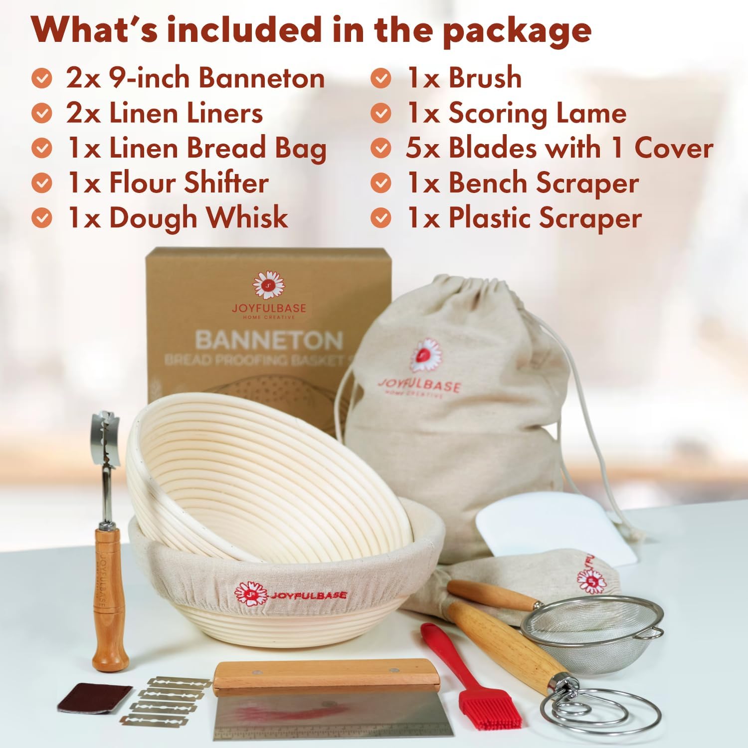Banneton Bread Proofing Basket Set - 9-Inch Round Sourdough Starter Kit with Tools & Linen Bag