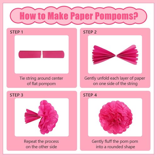 19 Pcs Pink Party Decorations - Light Hot Pink Lanterns, Paper Flowers & Tissue Pom Poms for Events