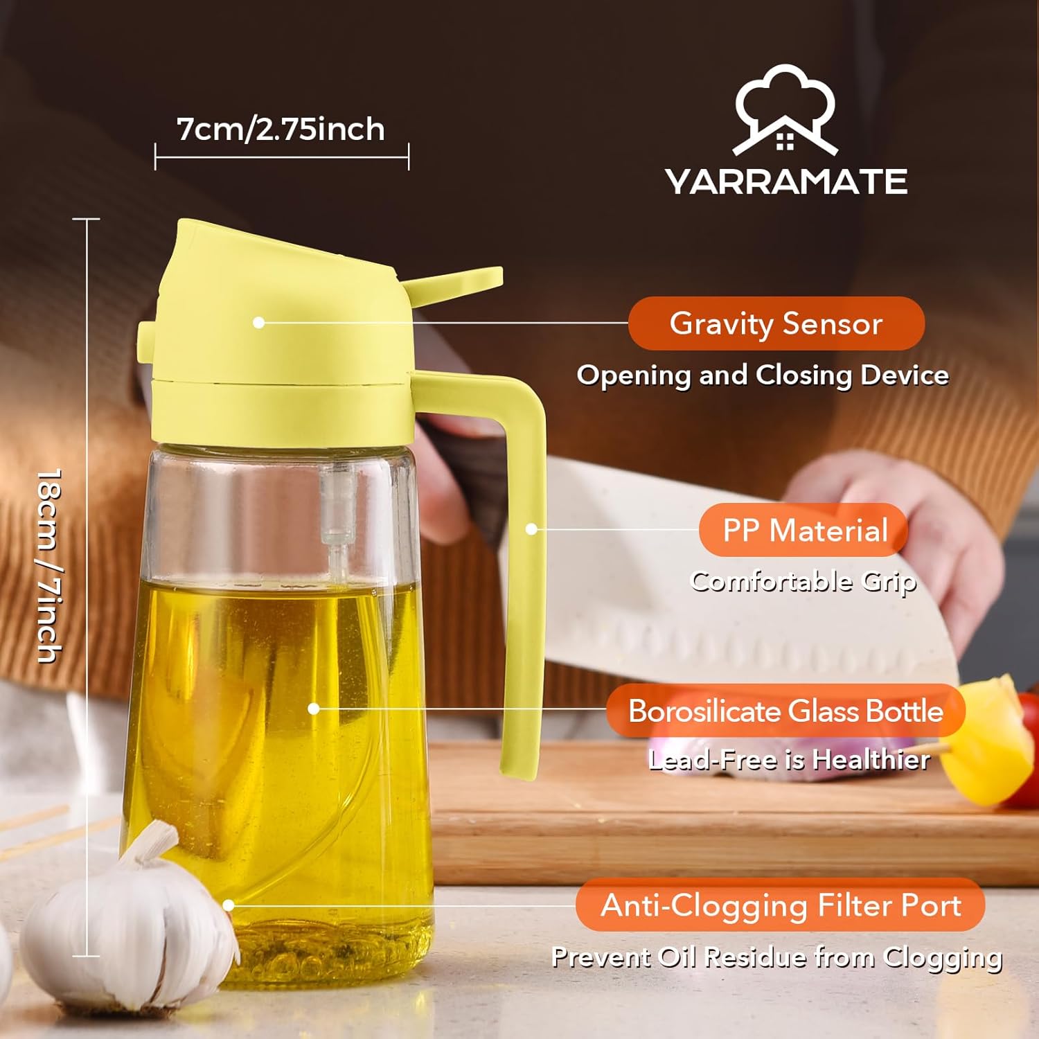 YARRAMATE Glass Olive Oil Sprayer - 16oz Premium Food Grade Dispenser for Cooking & BBQ (Pomelo)