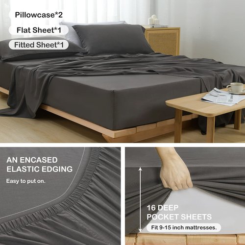 Charcoal Grey Linen-Textured Bed Sheets Set, Bamboo Rayon , Cotton , Linen Blend Bed Sheets Twin Size, Soft Cool & Breathable for Hot Sleepers,Durable Natural Organic Bed 15'' Deep Pocket - 3 Piece