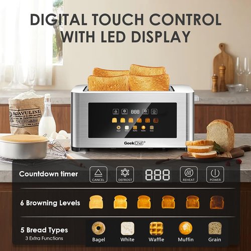 Geek Chef 4-Slice Long Slot Toaster - Touch Screen, Extra Wide Slots for Bagels & Waffles, Stainless Steel