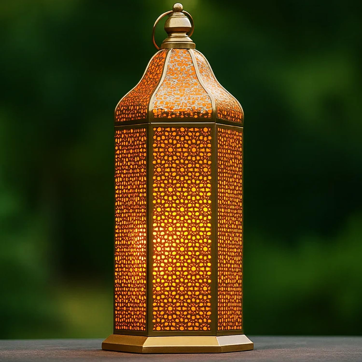 VELA Lanterns 16" Champagne Gold Moroccan Candle Lantern - Decorative Metal Hexagon for Table or Hanging | Perfect for Ramadan, Weddings, Indoor & Patio Lighting