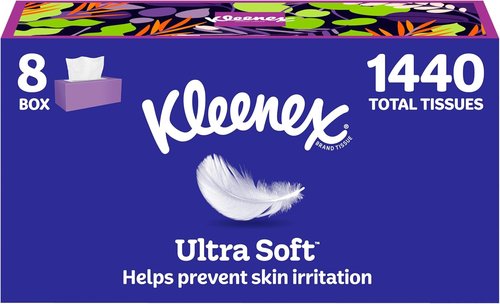 Kleenex Ultra Soft Facial Tissues - 3-Ply Comfort | 8 Flat Boxes with 180 Tissues Each