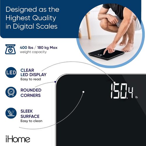 iHome Digital Scale - Accurate Bathroom Weight Scale with Batteries Included | Sleek Black Design