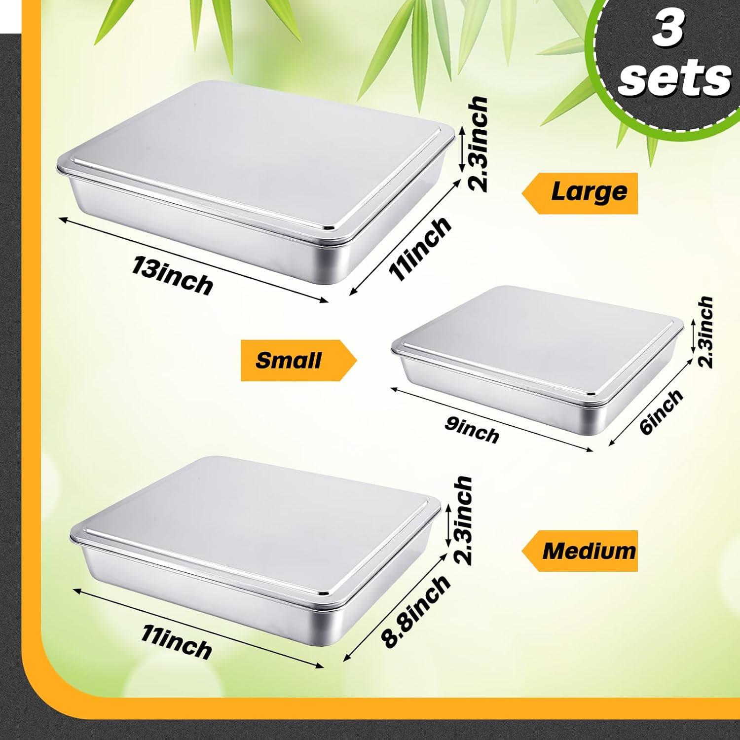 Tioncy Stainless Steel Cake Pan Set - 3 Rectangular Baking Pans with Lids | 13, 11, 9 Inch for Versatile Baking