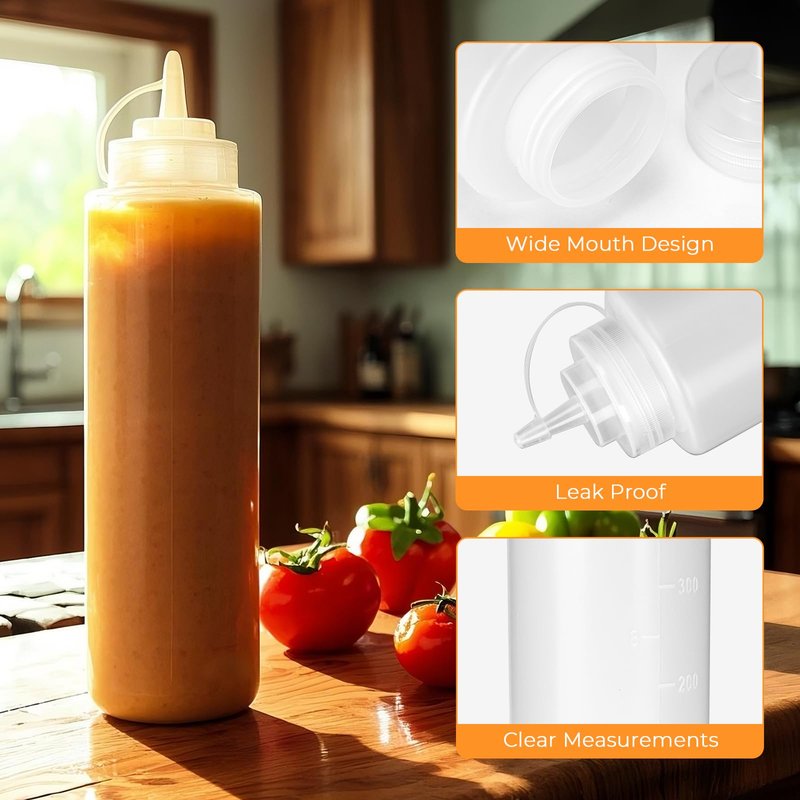 DHSBTLS 32 oz Plastic Squeeze Bottles, 8 Pack Clear Condiment Squeeze Bottles with Tethered Caps, Ketchup Bottles for Sauces, Perfect for Condiments, Oil, Icing, Liquids, with 10 Stickers and 1 Pen