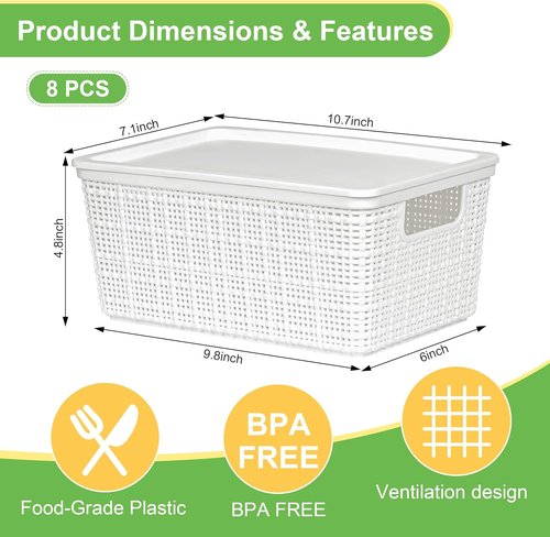 6 Pack Plastic Storage Baskets by [Brand Name] - White Stackable Bins with Lids for Organizing Desktops & Closets