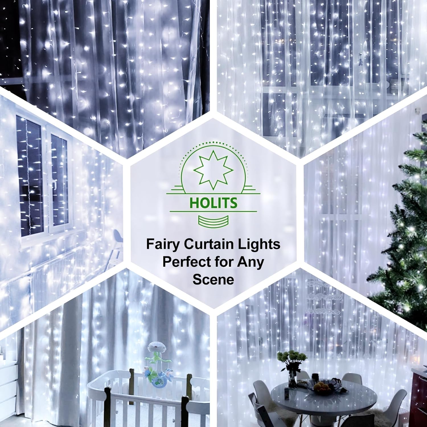 Skiennix 300 LED Fairy Curtain Lights - 9.8 x 9.8FT Cold White USB String Lights with Remote | 8 Modes for Christmas, Weddings & More